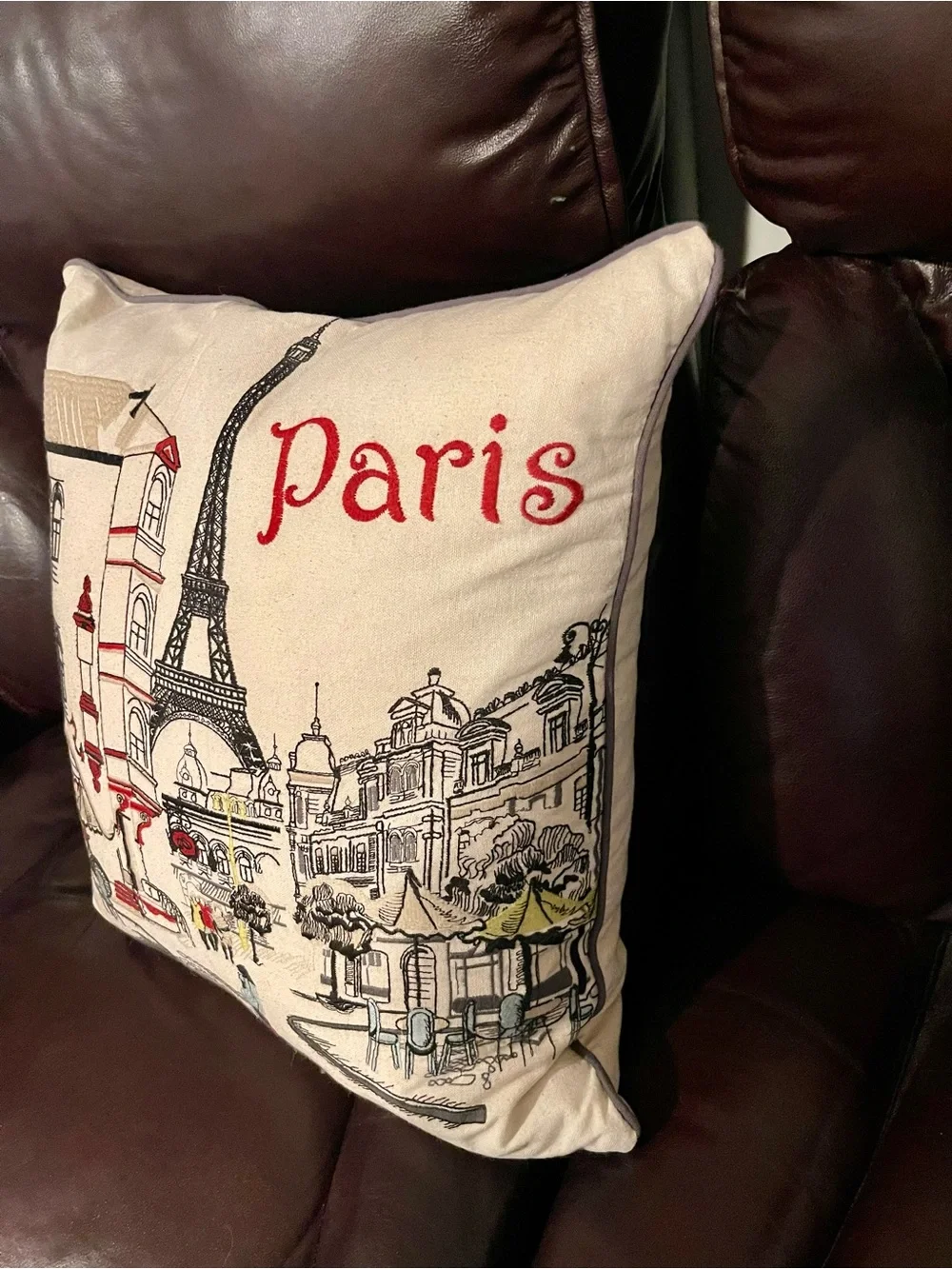 Cynthia Rowley Paris Scene Embroidered Pillow - Red & Cream